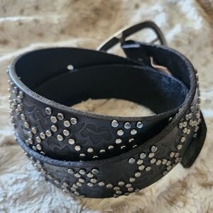 Tooled Small Medium Black Lather Western Belt With Studs